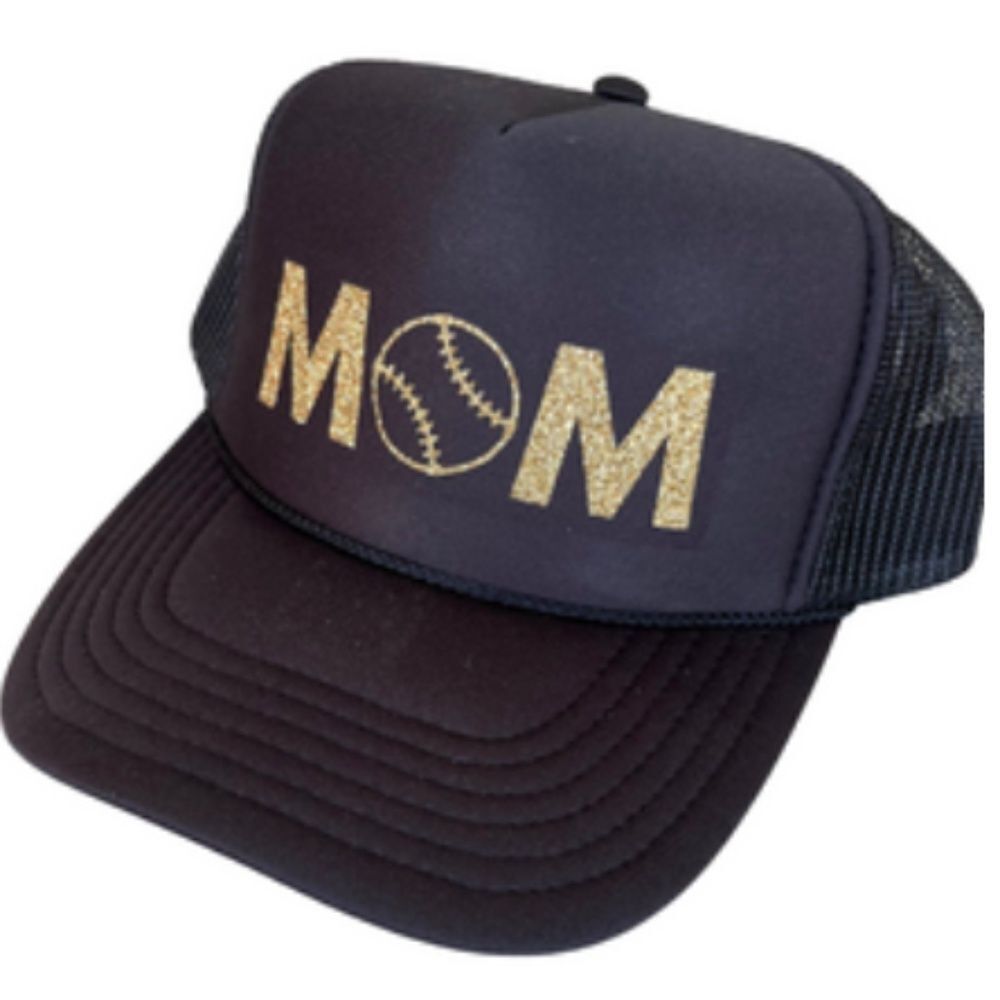 Gold Glitter Baseball Mom Trucker Hat Black Snap Back - Mesh Backing BRAND NEW